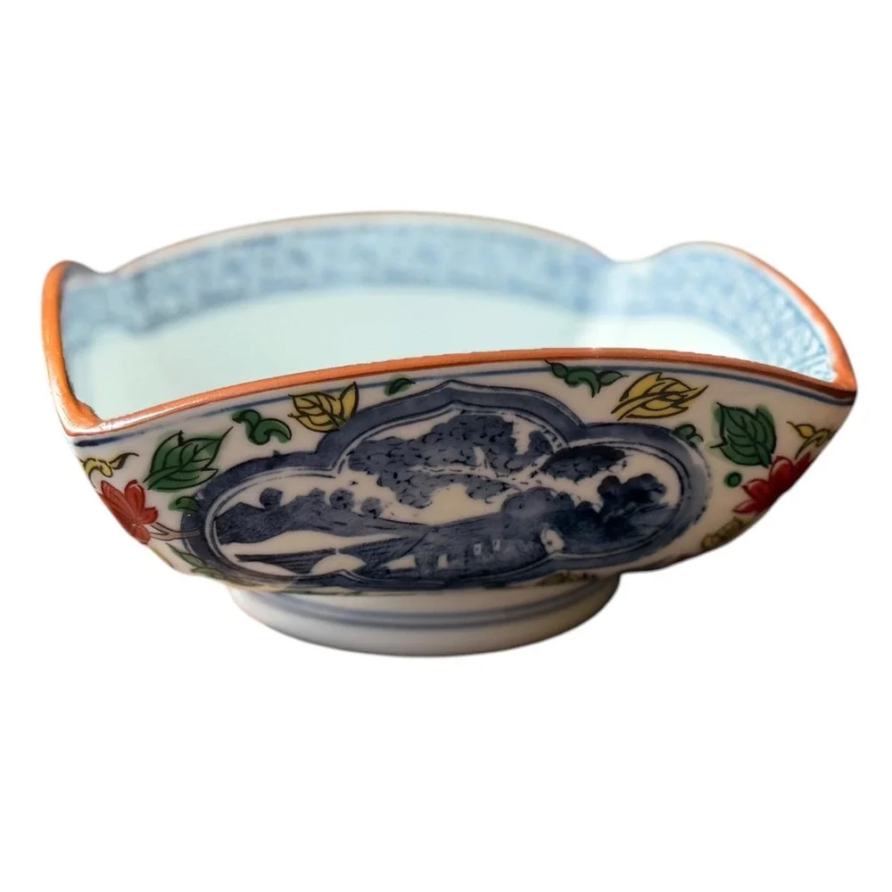 Antique Japanese Imari Arita Footed Square Bowl Fuku Mark Meiji Style